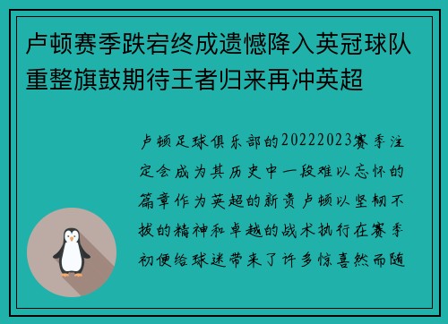 卢顿赛季跌宕终成遗憾降入英冠球队重整旗鼓期待王者归来再冲英超