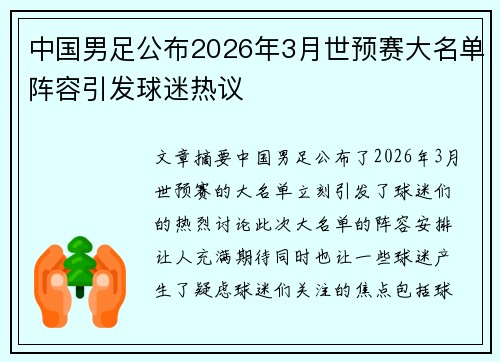 中国男足公布2026年3月世预赛大名单阵容引发球迷热议